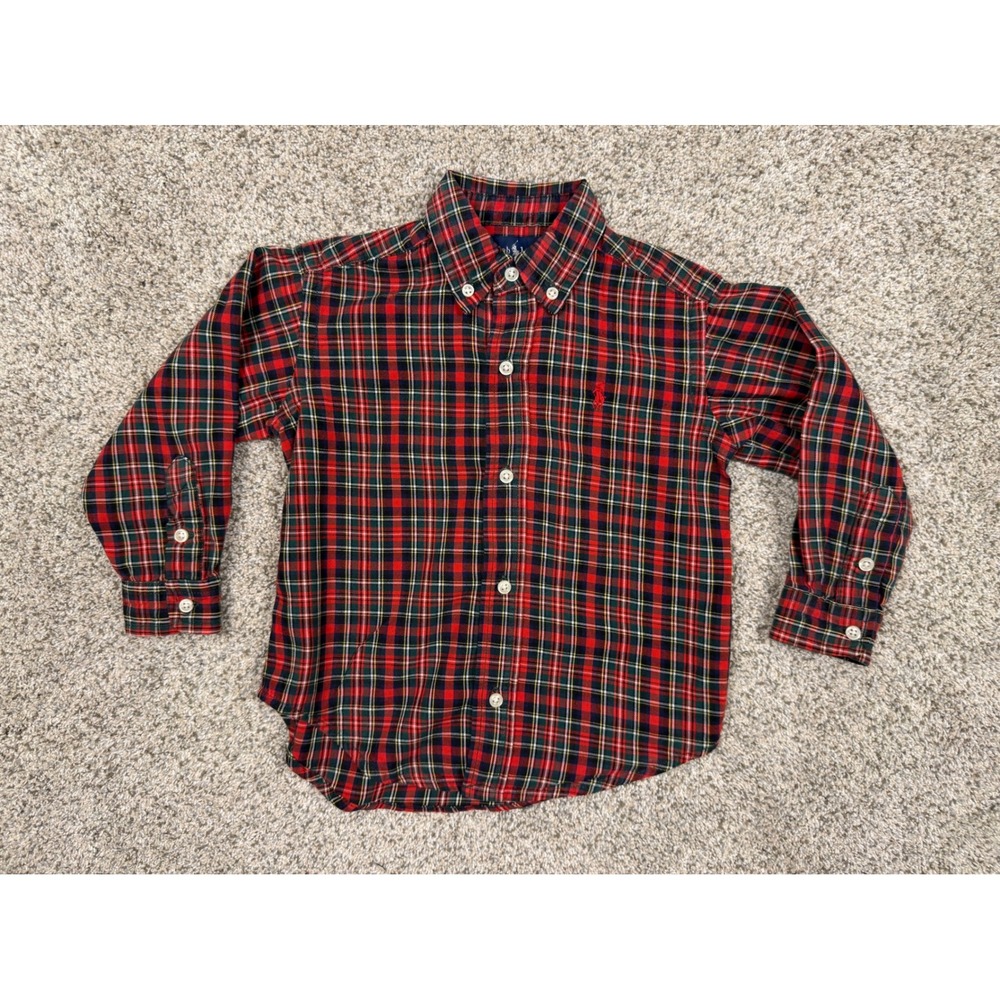 Ralph Lauren Kids Red Green Tartan Plaid Button Down Shirt 3/3T Cotton